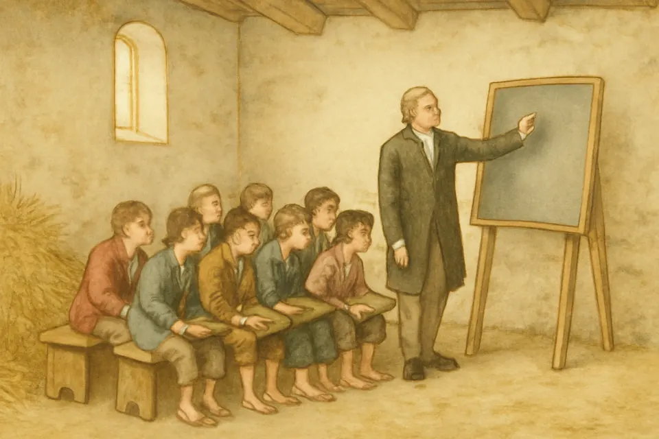 Watercolor illustration of a crowded early schoolroom in a converted stable, where ragged boys sit on benches while a man in a dark coat teaches from a slate