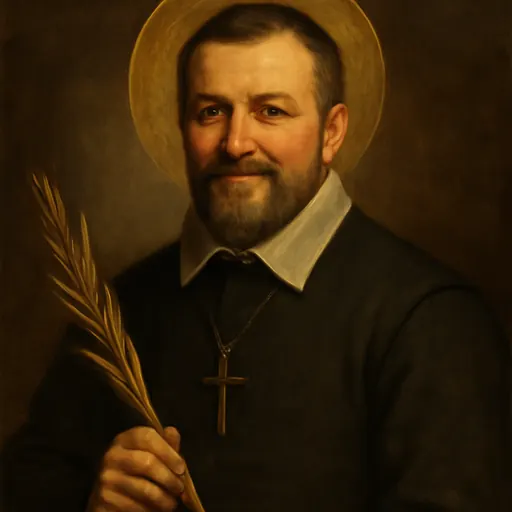 Oil-painting-style portrait of Blessed Edward Bamber, a weathered Lancashire priest of about forty-five in a plain dark coat, holding a martyr's palm
