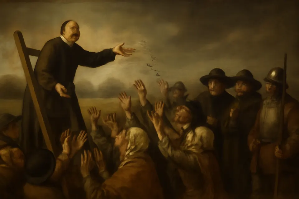 Oil-painting-style scene of a smiling priest on the lower rungs of a ladder tossing a handful of coins to a crowd