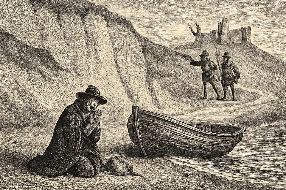 Engraving-style scene of a young traveler kneeling in thanksgiving on the beach at Dover as soldiers watch from the castle road