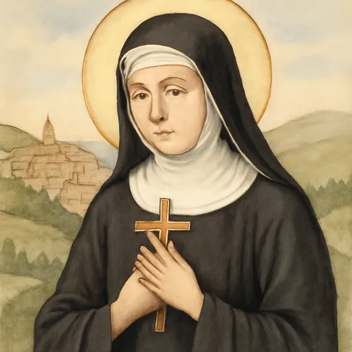 Watercolor-style portrait of Blessed Elena Aiello as an Italian nun in a dark habit and white wimple, holding a crucifix to her heart