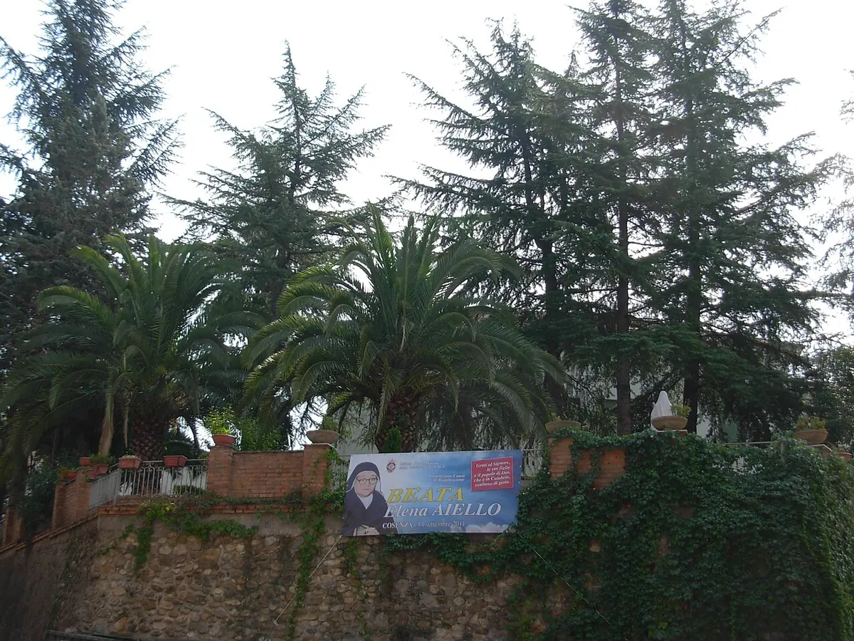 A stone wall and gate under tall palms and pine trees, with a banner showing the face of Blessed Elena Aiello