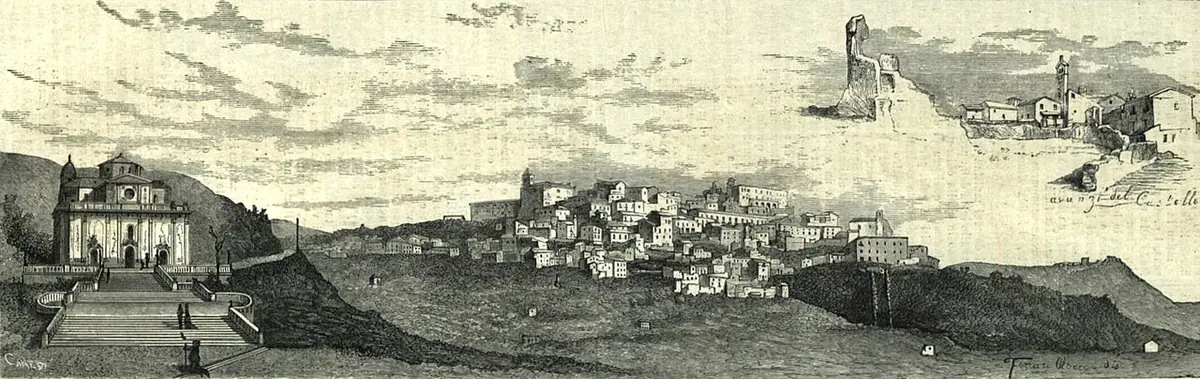 Nineteenth-century engraving of a town spread along a ridge, with a large church and steps on the left and hills behind