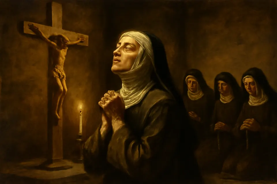 Painting-style scene of a sister kneeling in prayer before a crucifix in a dim room on Good Friday, with other sisters praying quietly behind her