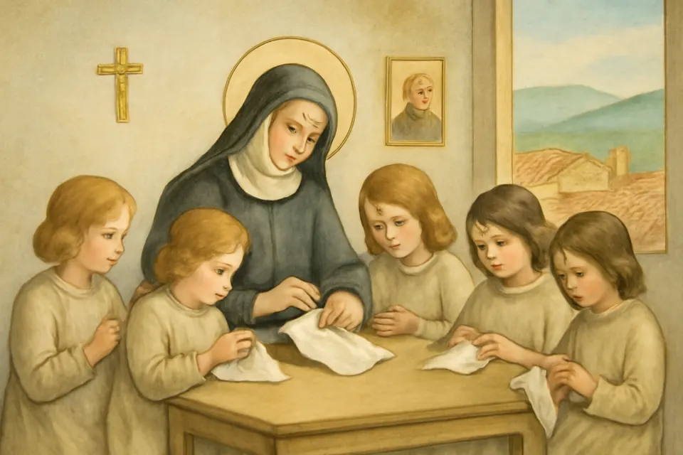 Watercolor-style scene of a religious sister in a dark habit teaching a small group of young girls to sew in a bare room in Calabria