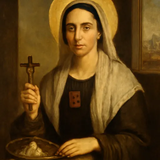 Oil-painting-style portrait of Blessed Elisabetta Canori Mora, a gentle dark-haired Roman woman in a plain dark dress and white shawl, holding a crucifix and a small sewing basket