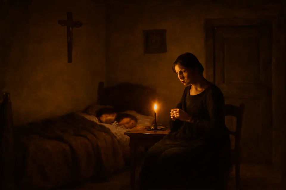 Oil-painting-style scene of a young Roman mother sewing by candlelight late at night beside her sleeping daughters, waiting for her husband to come home