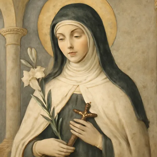 Fresco-style portrait of Blessed Emilia Bicchieri, a young Dominican sister in a white habit and black veil, holding a lily and a small crucifix