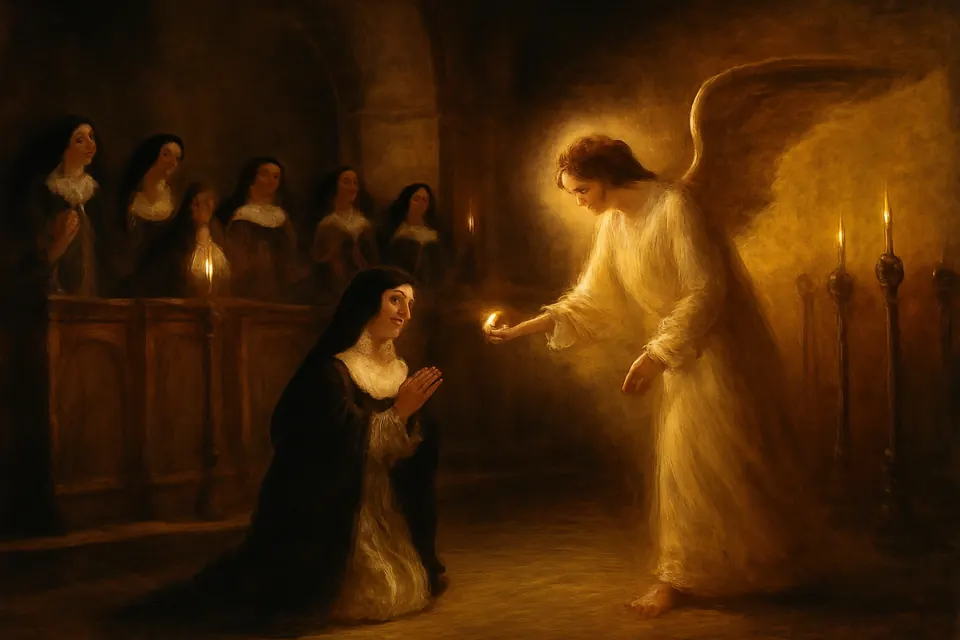 Oil-painting-style scene of an angel giving Holy Communion to a kneeling Dominican prioress in a convent choir while her sisters watch