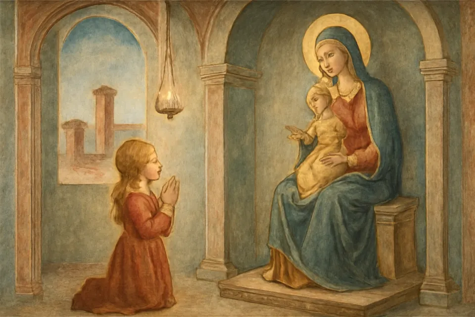 Fresco-style scene of a little girl in a rich medieval dress kneeling before a statue of the Virgin Mary in a palace chapel