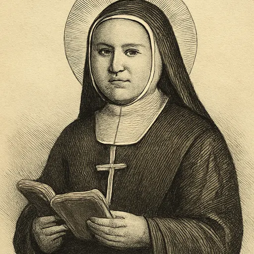 Engraving-style portrait of Blessed Émilie Gamelin, a middle-aged nun in a black habit and white bonnet with a crucifix on her breast, holding an open book