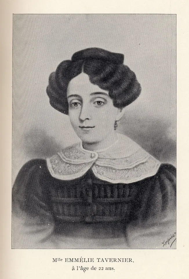 Old printed portrait of a young woman with dark curled hair piled on her head, a pleated lace collar and a dark dress, looking calmly to the side