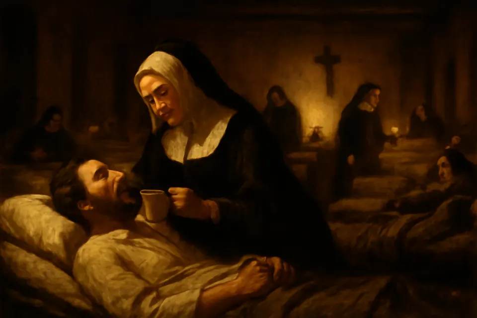 Oil-painting-style scene of a nun in a black habit and white bonnet nursing a sick man on a cot by lamplight in a crowded nineteenth-century ward