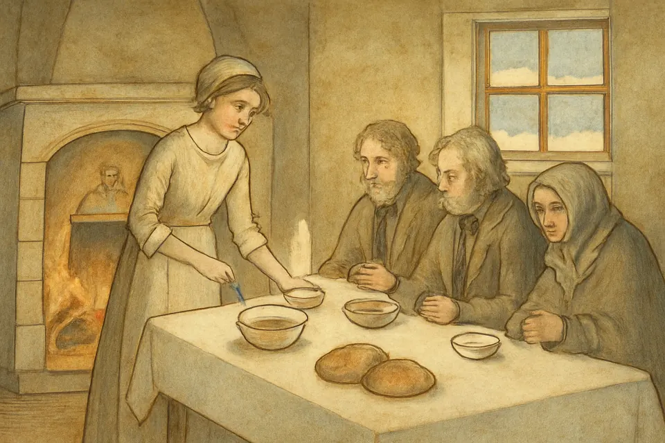 Watercolor scene of a young woman serving soup to poor men and an old woman at a set table in a Montreal kitchen around 1820