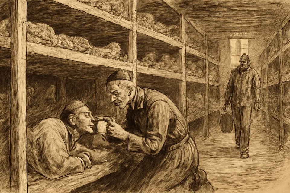 Ink-drawing-style scene of a thin priest in a striped prisoner's uniform kneeling beside a sick man on a wooden bunk in a crowded camp barracks