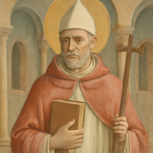 Fresco-style portrait of Blessed Eugene III as a gray-bearded pope wearing a white Cistercian habit under a red mantle and a papal tiara, holding a book