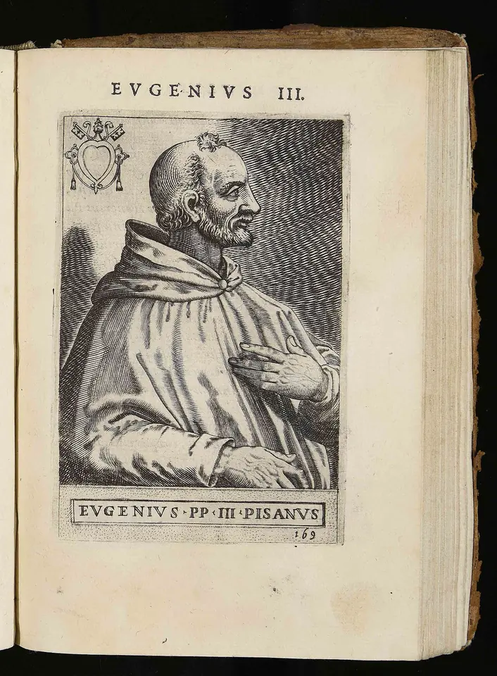Engraved portrait in an oval frame of a bearded, tonsured man in a monk's cowl with his hand on his chest, labeled "Eugenius PP III Pisanus," in an open old book