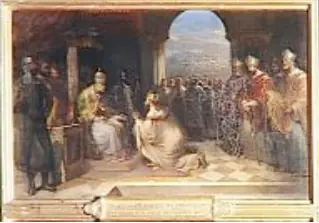 Painting of a pope enthroned under an arch, surrounded by cardinals, receiving kneeling envoys in a crowded hall
