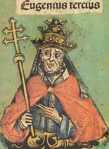 Hand-colored woodcut of a pope in a gold tiara and red cope holding a triple-barred cross, under the words "Eugenius tercius"