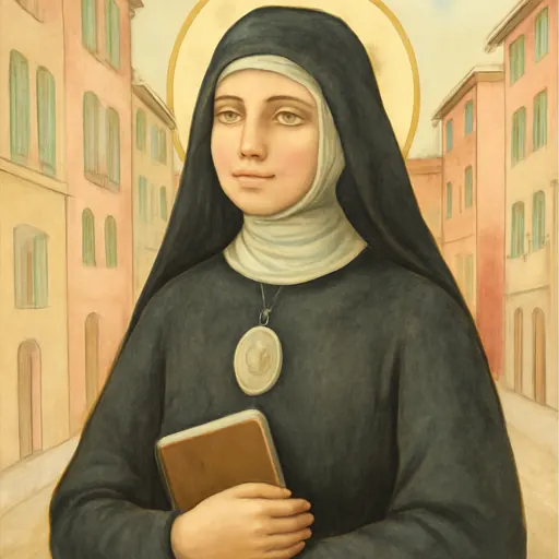 Watercolor-style portrait of Blessed Eugenia Ravasco as a young nineteenth-century religious sister in a black habit and veil, with a gentle face, holding a book