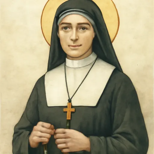 Watercolor-style portrait of Blessed Eusebia Palomino, a small Spanish nun in a black Salesian habit and white collar, smiling, with a rosary in her large hands