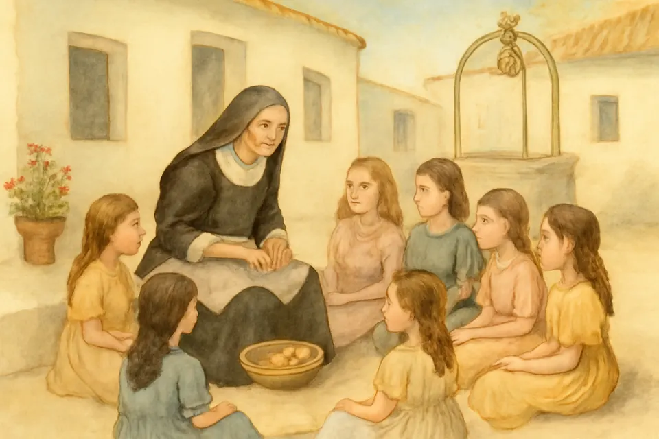 Watercolor-style scene of a small nun in a black habit and apron telling stories to a ring of girls in a sunny school courtyard in Andalusia