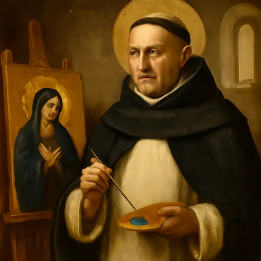 Oil-painting-style portrait of Blessed Fra Angelico as a Dominican friar in a white habit and black cloak, holding a fine brush before a half-finished panel of the Virgin