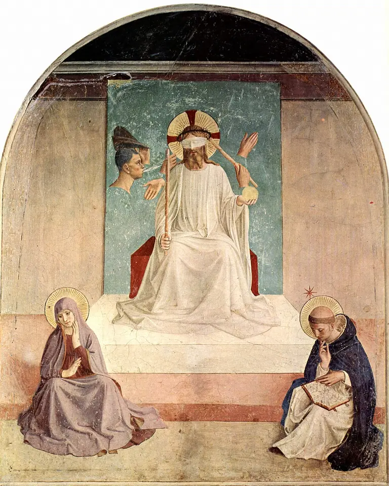 Fresco of a blindfolded Christ seated on a throne holding a reed and orb, with disembodied hands and a head floating against a green panel behind him, while the Virgin Mary and St. Dominic sit below in quiet meditation