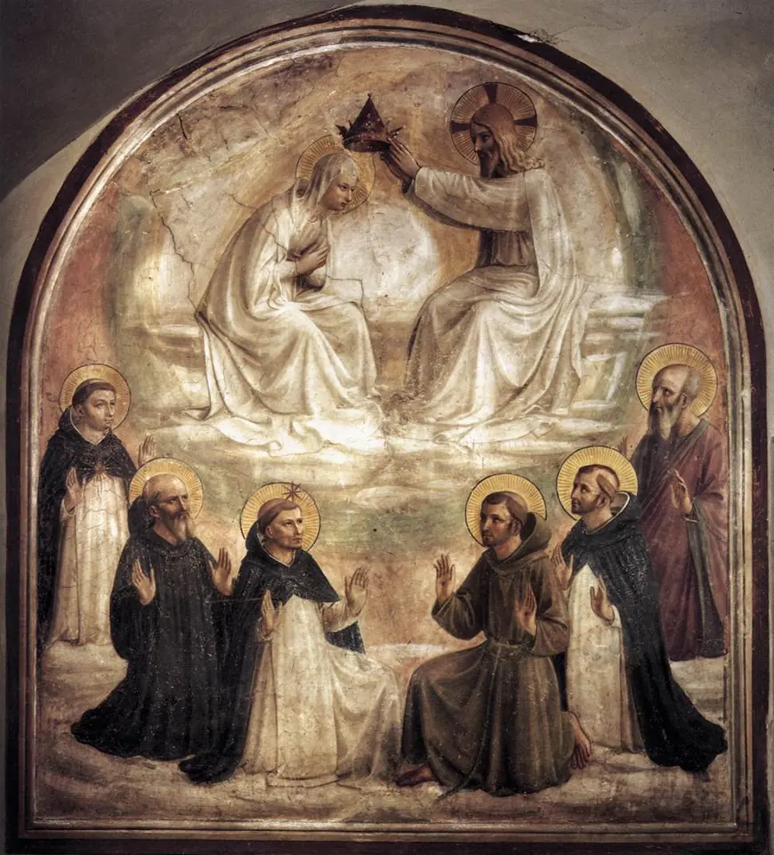 Pale fresco of Christ placing a crown on the head of the Virgin Mary, both in white and seated on clouds, while six kneeling saints, including St. Dominic and St. Francis, look up from below