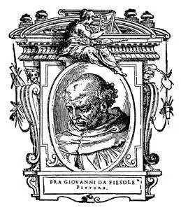 Woodcut portrait of an elderly friar with a hood drawn back, set in an ornate oval frame labeled Fra Giovanni da Fiesole, Pittore