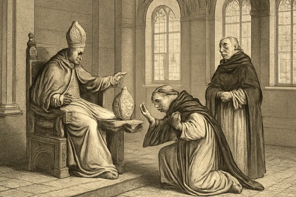 Engraving-style scene of a humble Dominican friar bowing before a seated pope in a palace hall and declining the archbishop's miter offered to him