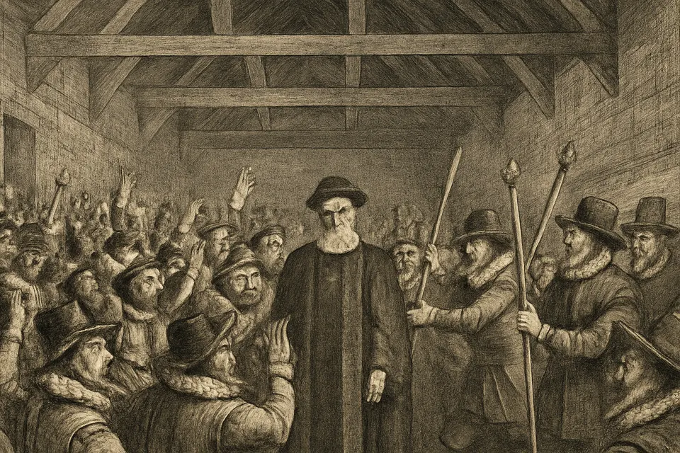 Engraving-style scene of an angry crowd of Dublin citizens in early seventeenth-century dress arguing in a timbered city hall as officials try to restore order