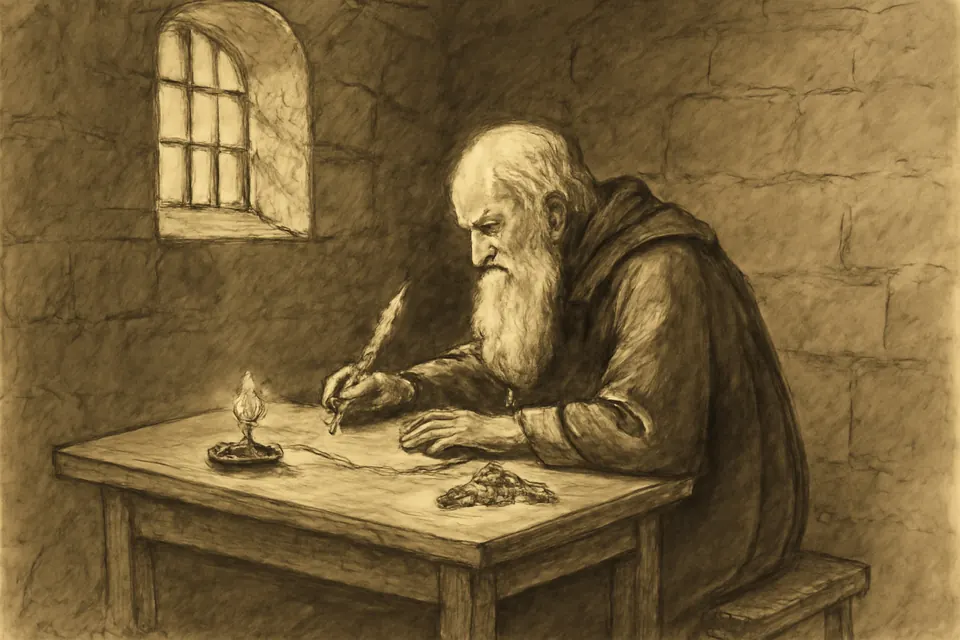 Ink-drawing-style scene of an old man in a prison room writing at a small table by candlelight, a rosary beside the paper