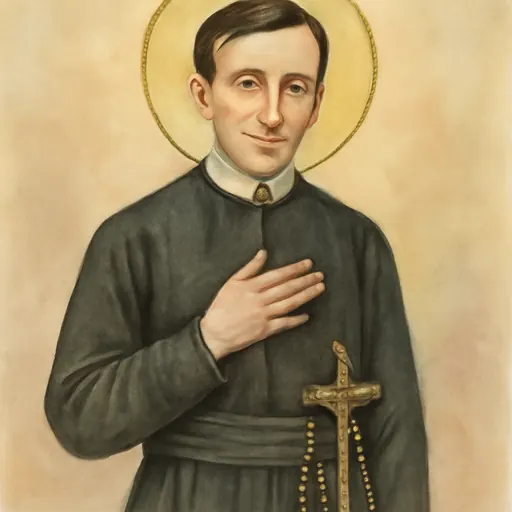 Watercolor holy-card portrait of Blessed Francis Xavier Seelos as a slender priest in a black Redemptorist habit, smiling gently, with a mission crucifix in his belt