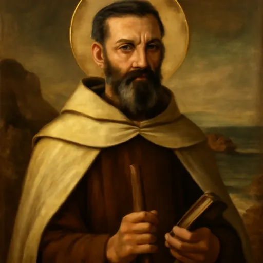 Oil-painting-style portrait of Blessed Francisco Palau, a gaunt Spanish Carmelite with a dark beard in a brown habit and white mantle