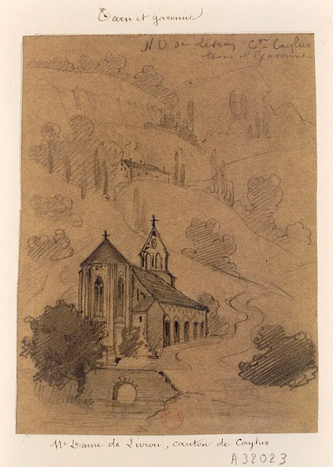 Pencil drawing of a small Gothic chapel with a bell gable at the foot of a wooded cliff above a stream and a little bridge