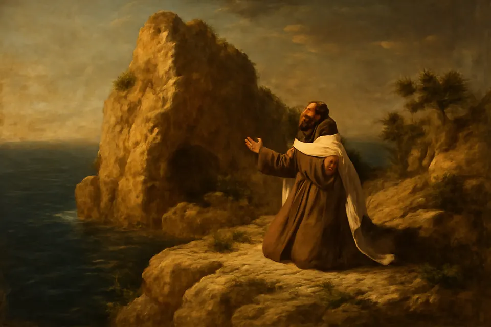Oil-painting-style scene of a bearded friar in a brown habit praying alone on the rocky slopes of a steep islet above the sea