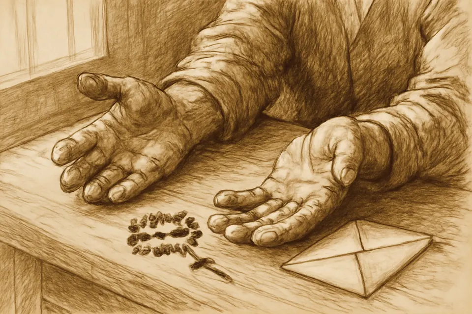 Ink-style drawing of a farmer's open, work-worn hands resting palms up on a wooden table beside a rosary and a folded letter