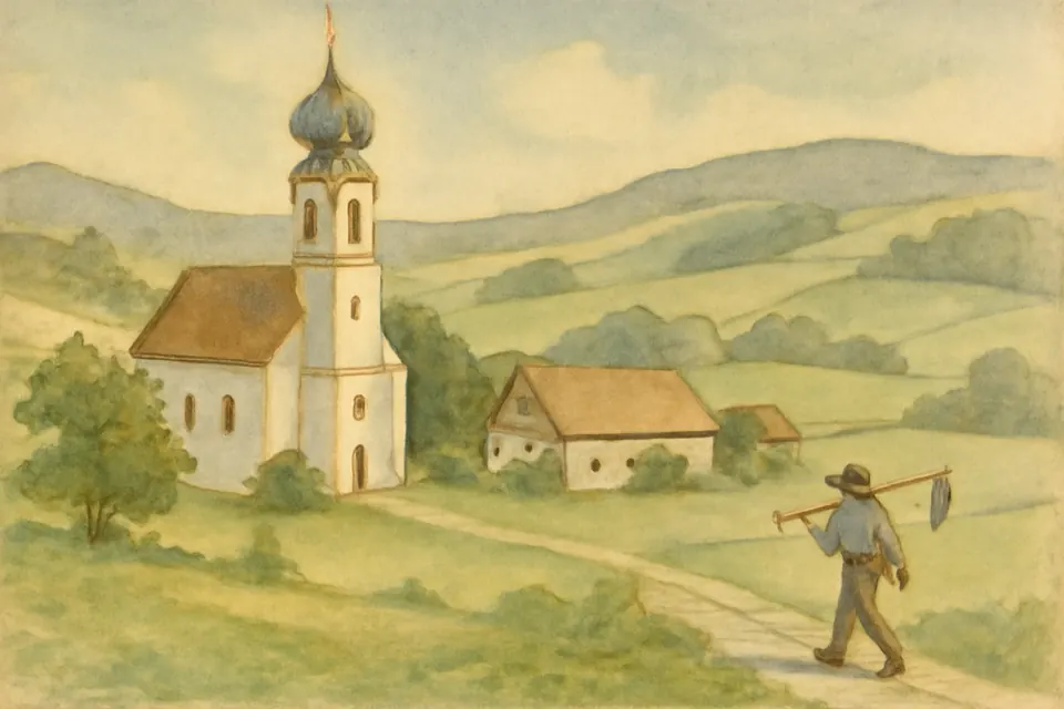 Watercolor-style view of an Upper Austrian village with a white onion-domed church among green hills, a small figure with a scythe on a distant path