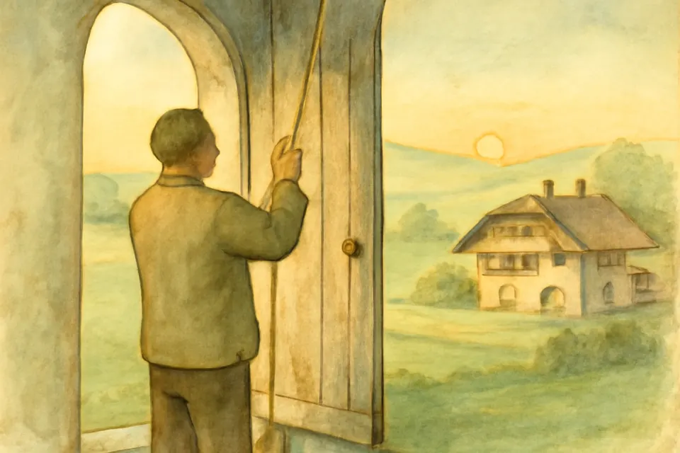 Watercolor illustration of a village sexton seen from behind, pulling the bell rope inside the tower door of a small Austrian church at dawn