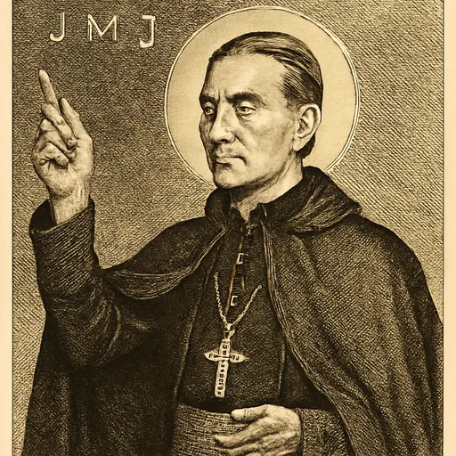 Engraving-style portrait of Blessed Fulton Sheen as a lean, dark-haired bishop in a cassock and cape with a pectoral cross, holding a piece of chalk