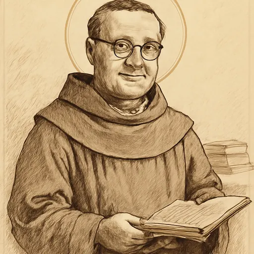 Ink-drawing-style portrait of Blessed Gabriele Allegra, a Franciscan friar in glasses, holding an open Bible