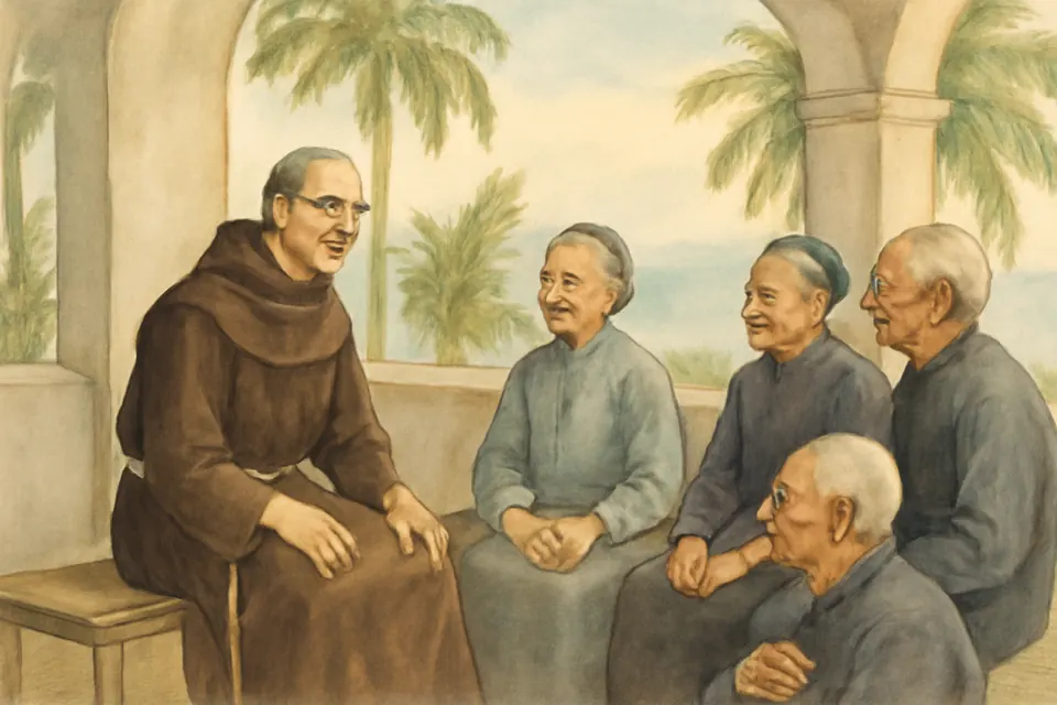 Watercolor-style scene of a Franciscan priest sitting with elderly patients on a veranda by the sea