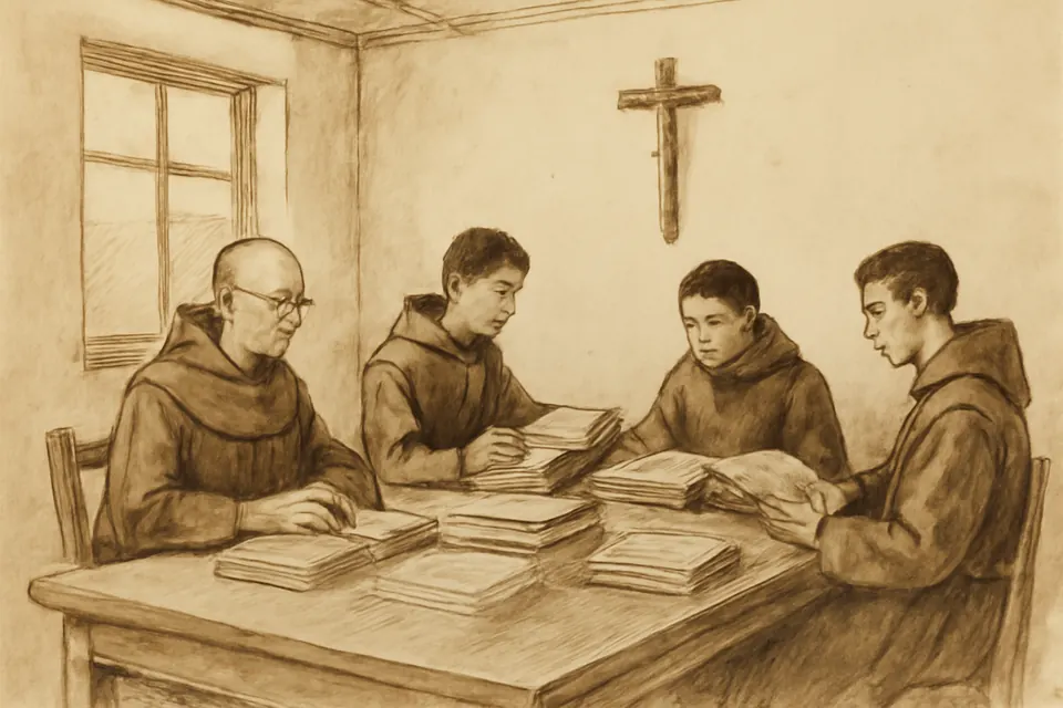 Ink-drawing-style scene of a Franciscan priest and Chinese friars working at a long table covered with books and manuscripts