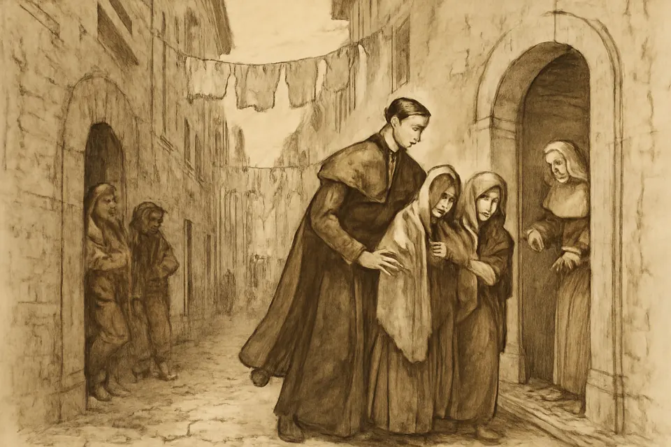 Ink-drawing-style scene of a young priest in black leading two poor girls in shawls away from a crowded Naples alley toward a convent door