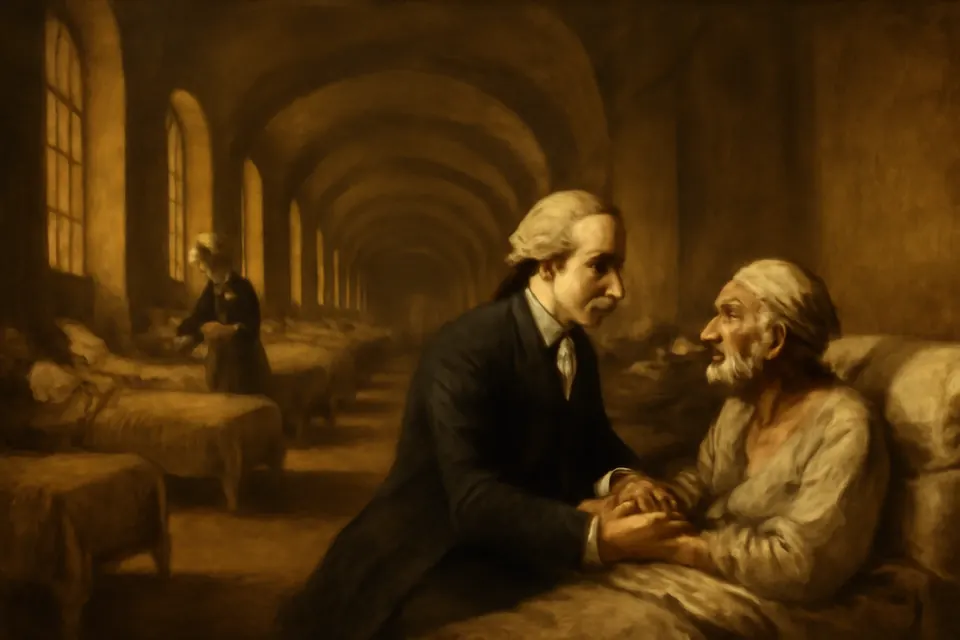 Oil-painting-style scene of a young lawyer in an eighteenth-century wig and black coat kneeling beside a sick man in a hospital bed