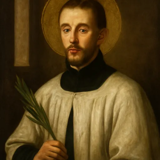 Oil-painting-style portrait of Blessed George Haydock as a young, pale Elizabethan priest with a gentle face, holding a martyr's palm