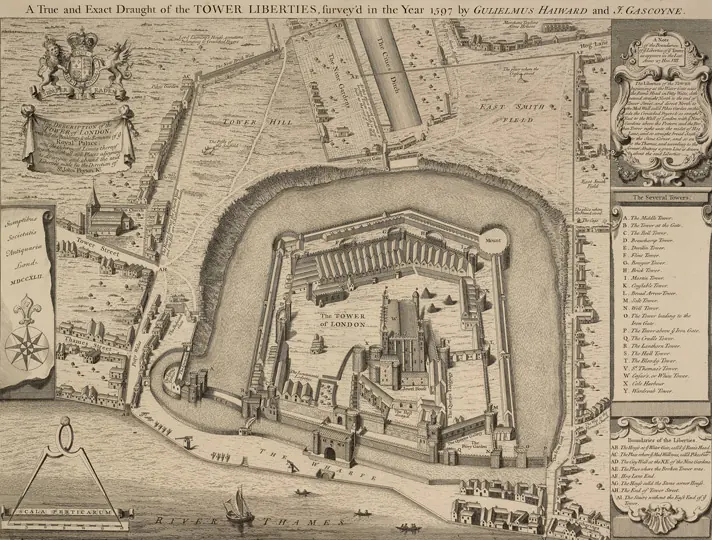 An old bird's-eye plan of the Tower of London with its walls, moat, White Tower and the river Thames, with a long title and a numbered key