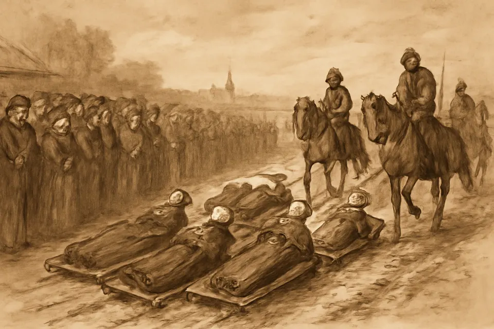 Ink-drawing-style scene of five priests praying as they are dragged on wooden hurdles through a crowd toward Tyburn