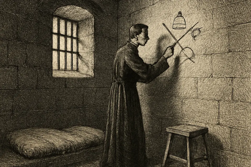 Engraving-style scene of a young priest in a stone prison cell drawing on the wall with a piece of charcoal by window light